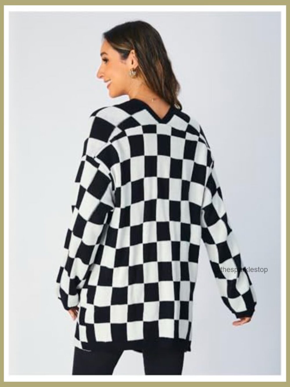 Oversized Checkered Cardigan Sweater Long Sleeve Open Front Lightweight High - Picture 2 of 7